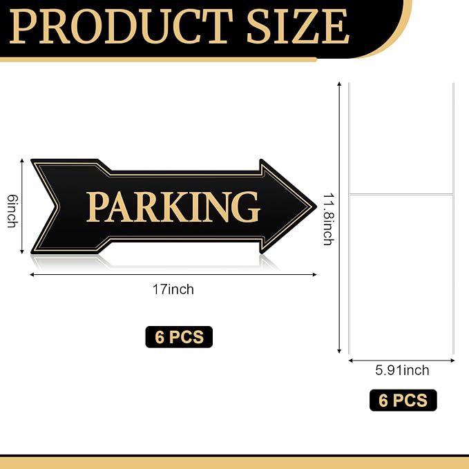 Menkxi 10 Pcs Wedding Parking Sign with Stake, Double-sided Parking Direction Signs, Corrugated Plastic Black & Gold Yard Signages for Party Outdoor Events – Includes 17" x 6" and 12" x 16" Sizes