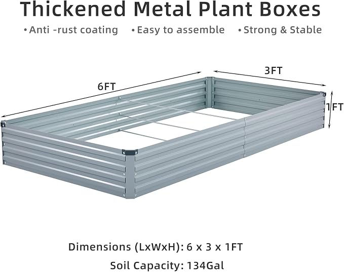 Meberam 2 Pack 6x3x1FT Galvanized Raised Garden Bed Kit, Outdoor Metal Planter Box for Vegetables, Bottomless Rectangular Gardening Bed with Support Rods, Tool-Free Assembly, Gray