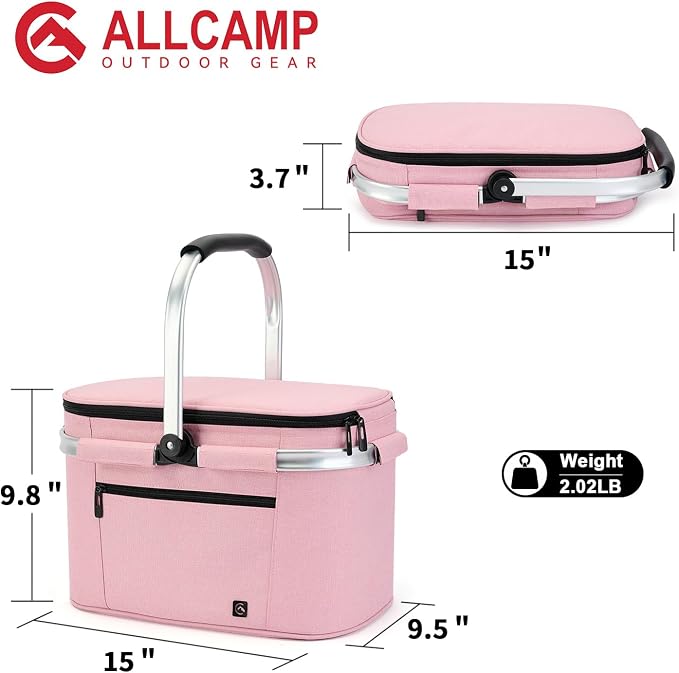 ALLCAMP Picnic Basket - Insulated Cooler, Thickening Foldable Picnic Basket with Removable Baskets & Sewn-in Frame, Basket for House Warming Gifts New Home(Pink)