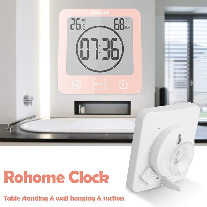 Rohome Digital Timer Waterproof Wall Clock, Kitchen Countdown Timer, Shower Clock with Temperature Humidity, Mirror Suction Cup Bathroom Timer, Wall Hanging for Bath Spa Basement Swimming Pool (Pink)