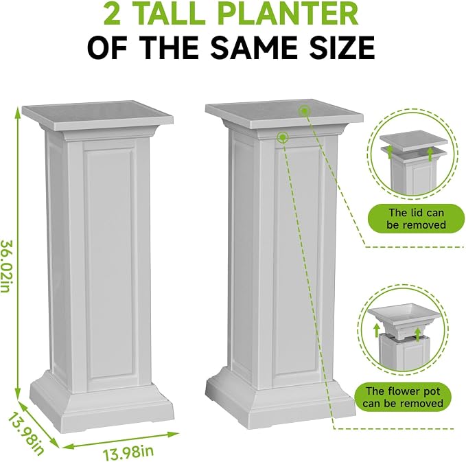 Vixzen Tall Outdoor Resin Planters, Large All-Weather Garden Pots for Patio, Porch, Balcony and Backyard, Durable Crack-Resistant Design for Flowers and Trees (Ashen, 13.98"×13.98"×36.02")