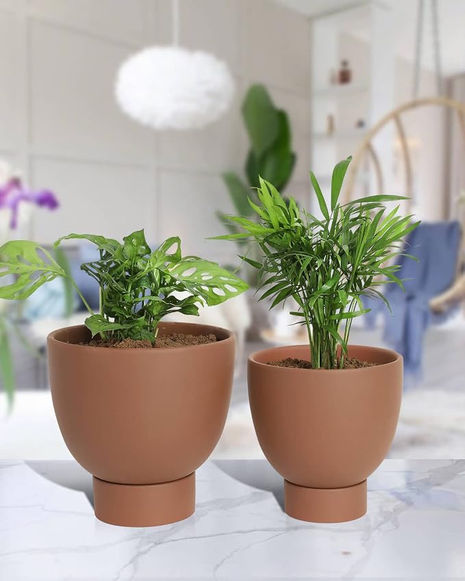 vensovo Dark Terracotta Self Watering Plant Pot - 2 PCS 6 Inch & 8 Inch Terra Cotta Plant Pot with Drainage Hole and Saucer, Small & Large Clay Flower Pot with Tray, Planter for Indoor Outdoor