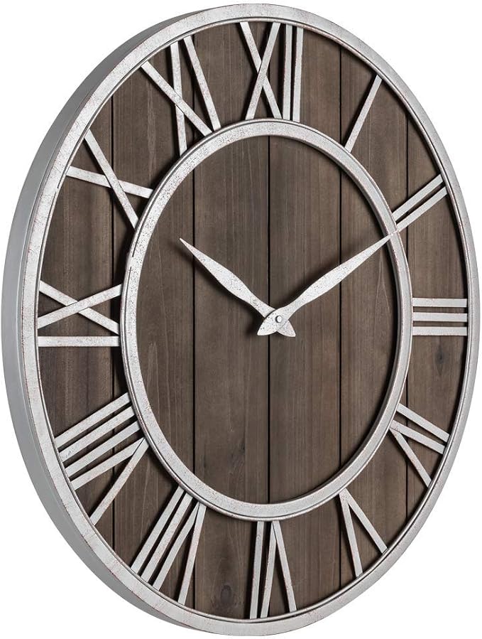 Oldtown Farmhouse Metal & Solid Wood Noiseless Wall Clock (Dark Brown, 30-inch)