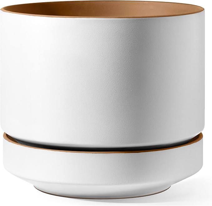 LE TAUCI 14 Inch Large Plant Pot with Saucer, Ceramic Outdoor & Indoor Big Planter with Drainage Hole, Mesh Pad Included, Matte Glazed Outside, Modern for Home and Patio, Alpine White & Ochre
