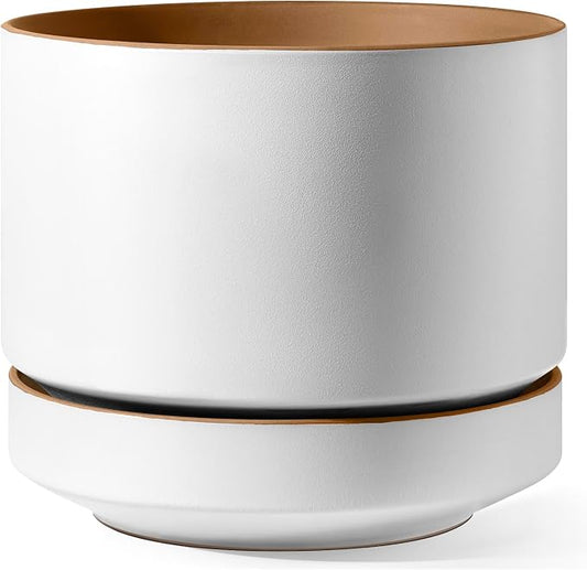LE TAUCI 14 Inch Large Plant Pot with Saucer, Ceramic Outdoor & Indoor Big Planter with Drainage Hole, Mesh Pad Included, Matte Glazed Outside, Modern for Home and Patio, Alpine White & Ochre
