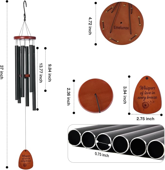 Sympathy & Memorial Wind Chimes for Outside – Deep Tone Aluminum Chimes with Mute Feature, Inspirational Quote, Feather & Dandelion Art Wooden Sail, Outdoor Garden Decor (Black, 37 Inch)