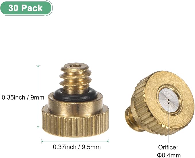M METERXITY 30-Pack Brass Misting Nozzle, 0.016" 0.4mm Orifice 10/24 UNC O-Ring Replacement Mister Nozzles Plug Mister Heads for Garden Patio Outdoor Cooling System Low-Pressure Atomizing