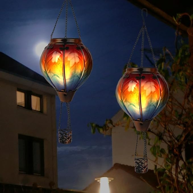 2PCS Solar Hot Air Balloon Flickering Flame Hanging Garden Light with Shepherd's Hooks, 18" H Waterproof Glass Outdoor Lantern for Yard Patio, Mother's Day Gift, Colorful-2PCS