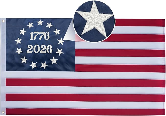 AMZFLAG 2026 250 Anniversary USA Flag 3X5 ft, Embroidered 1776 2026 American Betsy Ross Flags for 250th Anniversary Outside, Bennington 13 Colonies US 250 American Flag with 2 Brass Grommets