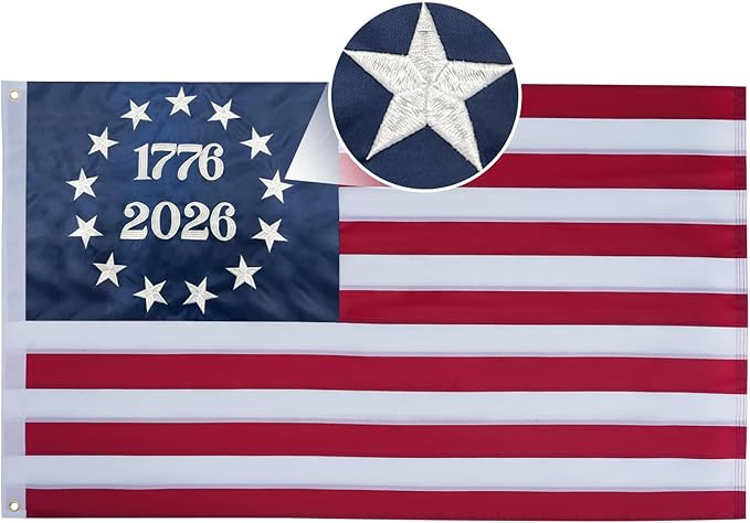 AMZFLAG 2026 250 Anniversary USA Flag 5X8 ft, Embroidered 1776 2026 American Betsy Ross Flags for 250th Anniversary Outside, Bennington 13 Colonies US 250 American Flag with 3 Brass Grommets
