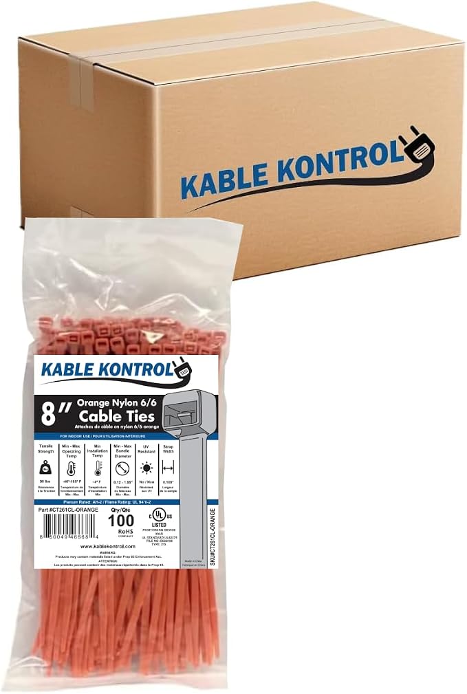 Kable Kontrol Orange Zip Ties 8 Inch 10,000 Pcs, 50 Lbs Tensile Strength, Bulk Pack, Self-locking Nylon Colored Cable Ties Wire Wraps for Indoor or Outdoor Use
