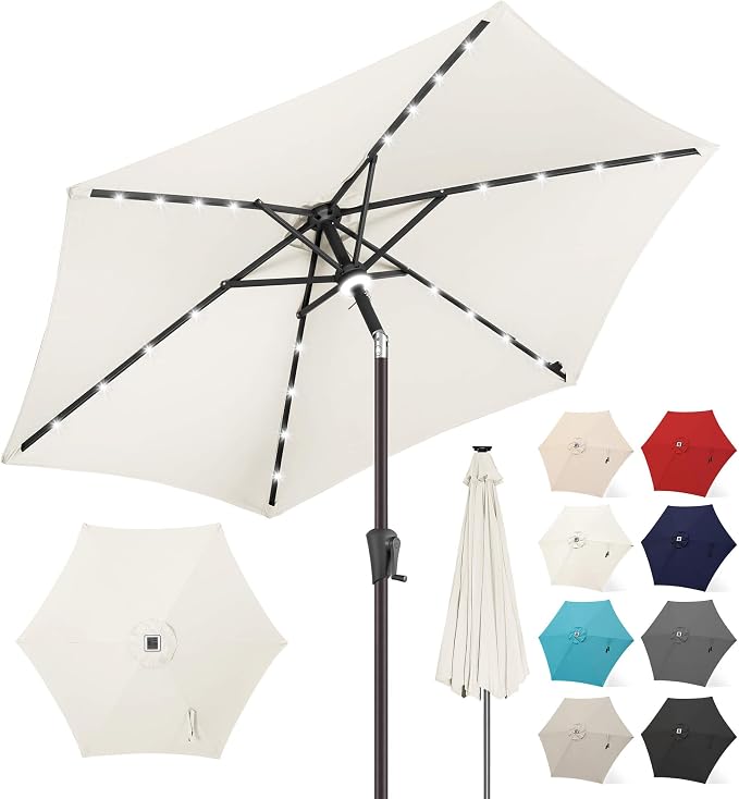 FLAME&SHADE 7.5 FT Solar Light Patio Umbrella, 24 LED Lights Outdoor Umbrella with Centre Surround Light, Table Umbrella Outdoor Patio for Deck, Pool, Backyard, Garden, UV Protection (Ivory)
