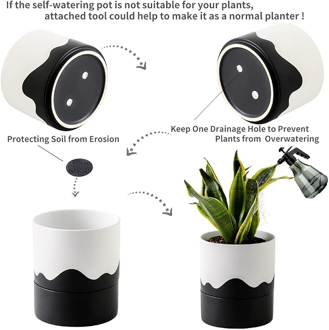 Nihow Ceramic Self Watering Plant Pot for Indoor Plants,6 Inch,White Black | Planter with Cotton Wick, Drainage Hole & Water Storage Plus, Cylinder Round Flower Pot, For Succulent/Herbs/Violets