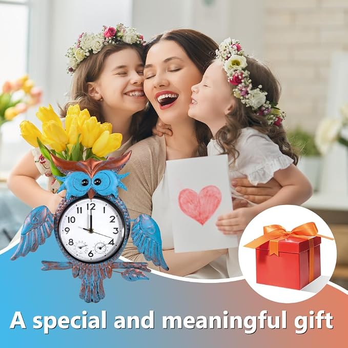 Outdoor Clock Silent Non-Ticking, Outdoor Wall Clocks with Thermometer & Humidity, Quartz Clocks Waterproof Decor for Patio Garden Living Room（Blue Owl）
