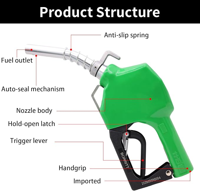 3/4" Inch NPT Auto Fuel Nozzle Automatic Shut Off Pressure Sensitive W/360° Hose Swivel Gas Fuel Transfer Pump Nozzle,13/16" Spout,Copper Valve, 16 gpm Flow Rate for Diesel,asoline,Green+Hook