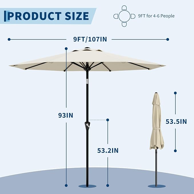 GarveeLife 9FT Patio Umbrella Outdoor, Table Umbrella with Push Button Tilt and Crank, 8 Sturdy Ribs UV Protection Waterproof for Garden, Pool, Market, Deck (Beige White)