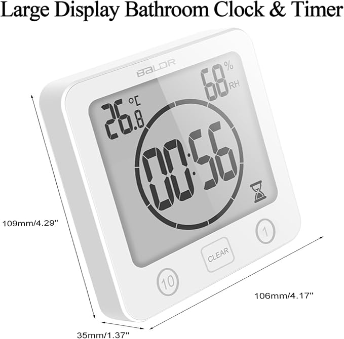 Digital Timer Waterproof Wall Clock, Kitchen Countdown Timer, Shower Clock with Temperature Humidity, Mirror Suction Cup Bathroom Timer, Wall Hanging for Bath Spa Basement Swimming Pool (White)