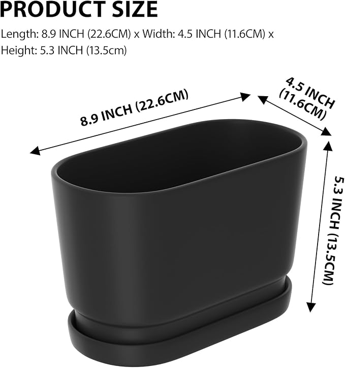 8.9" Rectangular Ceramic Planter with Drainage and Saucer, Black | Indoor Outdoor Use, 8.9"L x 4.5"W x 5.3"H, Modern Home Decor, Window Box Planter, Matte Black