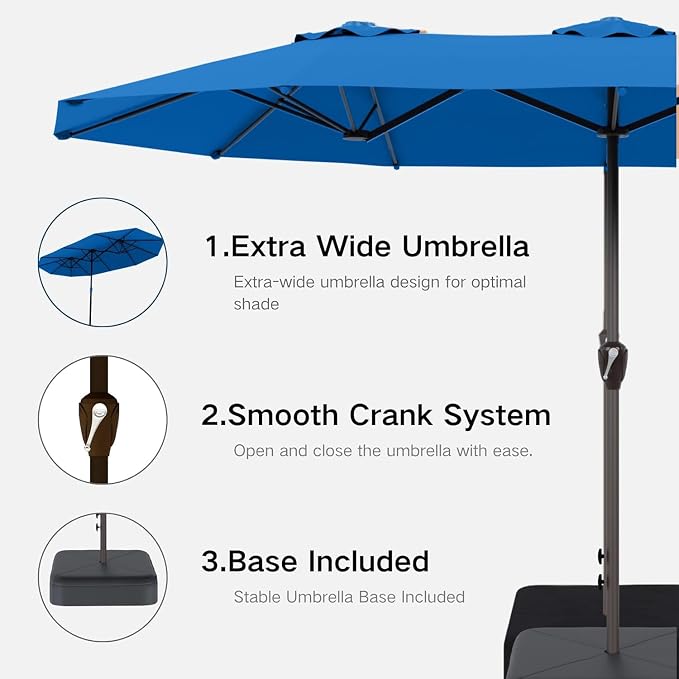 Kingdura 15ft Large Patio Umbrella with Base Included, Double-Sided Rectangle Outdoor Table Umbrella with 12 Reinforced Ribs, Crank Lift for Market Pool Deck Backyard, Royal blue