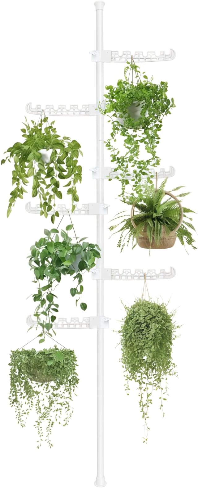 Tension Rod Plant Stand, Plant Poles for Hanging Plants Indoor, Metal Floor to Ceiling Hanging Plants Stand, Tension Pole Plant Stand with 6 Hooks (Fit 3.6-10ft), White