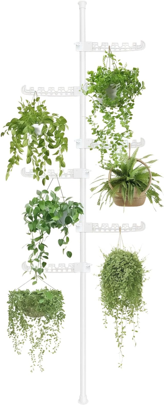 Tension Rod Plant Stand, Plant Poles for Hanging Plants Indoor, Metal Floor to Ceiling Hanging Plants Stand, Tension Pole Plant Stand with 6 Hooks (Fit 3.6-10ft), White