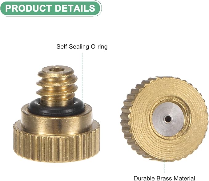 M METERXITY 30-Pack Brass Misting Nozzle, 0.028" 0.7mm Orifice 10/24 UNC O-Ring Replacement Mister Nozzles Plug Mister Heads for Garden Patio Outdoor Cooling System Low-Pressure Atomizing