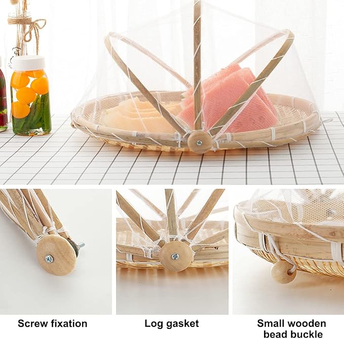 Mwellewm Food Bamboo Food Serving Tent Basket Hand-Woven Basket Serving Dustproof Round Picnic Basket Vegetable Fruits Bread Home Storage Basket with Mesh Gauze Cover Container