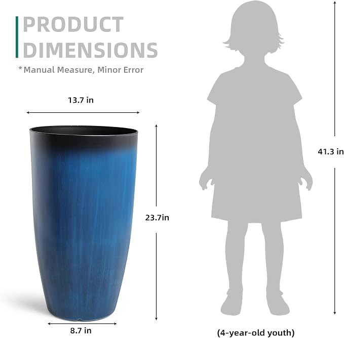 Autodaya 23.8" Tall Planters Set of 2, Large Plastic Plant Pots with Artistic Floating Cobalt Blue Glaze, UV-Resistant Lightweight PP Flower Pots for Outdoor Indoor Plants, Garden, Patio, Deck, Porch
