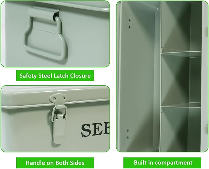 Seed Storage Organizer,Metal Seed Saving Box with Lid and Safety Locks, 4 Compartment Seeds Saver Kit with 2 Pens,20 Plant Labels and 50 Seeds Envelopes, Green Gardening Gift