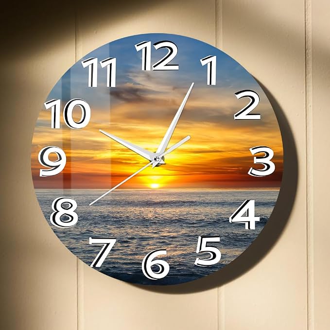 15 Inch Sunset Ocean Wall Clock, Beautiful Landscape Wall Art Clock Large Numbers Easy-to-Read Modern Decorative Silent Non Ticking Wall Watch Clock Battery Operated for Bedroom Living Room