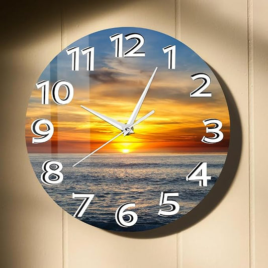 15 Inch Sunset Ocean Wall Clock, Beautiful Landscape Wall Art Clock Large Numbers Easy-to-Read Modern Decorative Silent Non Ticking Wall Watch Clock Battery Operated for Bedroom Living Room