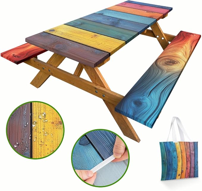 Wood Grain Picnic Table Cover with Bench Covers and Carrying Bag, Rustic Vintage Colorful Rainbow Stripes Rectangle Table Cover, Outdoor Patio Camping Essentials 6FT 4PCS, Camping Fitted Tablecloth