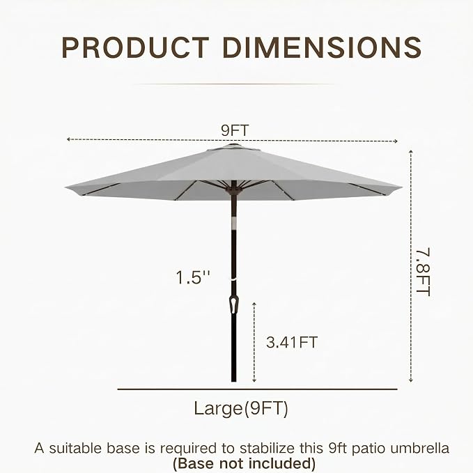 Kingdura 9FT Outdoor Patio Umbrella with Solar Lights, Market Table Umbrella with Push Button Tilt & Crank, 8 Sturdy Ribs, 32 LED Lights, UV Protection for Garden Lawn Deck Backyard Pool (Light grey)