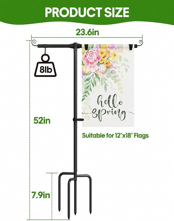 Garden Flag Stand Holder with Shepherd Hooks, 3/4 Inch Extra Thick Heavy Duty Yard Flag Holder for Small Flag 12x18, 52 Inch Garden Flag Pole for Outside (Solar Lights & Flag Not Included)