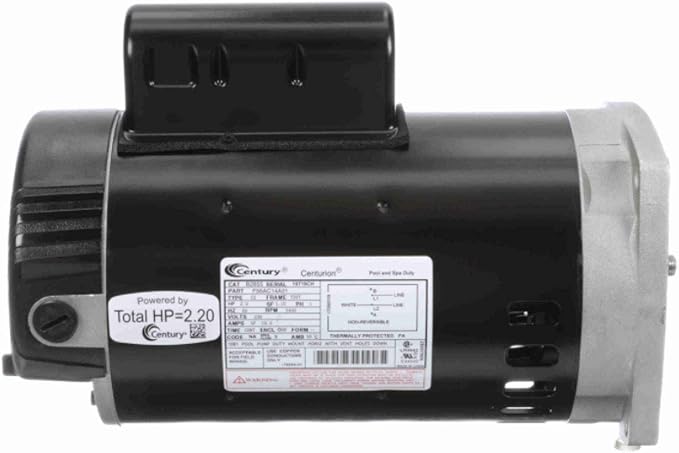 Regal Beloit B2855 Century 2 Horsepower 230V 3450 RPM Stainless Steel Continuous Single Phase Pool Pump Motor with Square Flange for Inground and Above Ground Pools