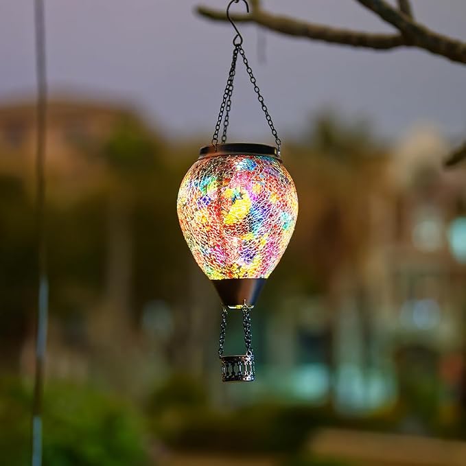Hot Air Balloon Solar Lantern with Flame | Handmade Glass, Flickering Flame, Waterproof Outdoor Lantern, for Patio, Garden, Porch, Red & Brown