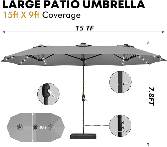 DomeShade 15ft Double-Sided Rectangle Patio Umbrella with 36 LED Solar Lights&base,UV50+ Weather-Resistant Outdoor Umbrella,Crank Lift,Patio Shade for Pool, Garden, Backyard–Gray