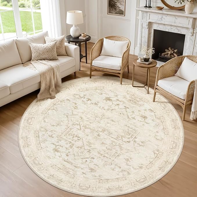 Round Area Rug Living Room: 8ft Washable Carpet Beige/Brown | Vintage Boho Circle Soft Large Circular Carpet Bedroom Nursery Neutral Dining Room Indoor Decor Floor Non-Slip Under Table