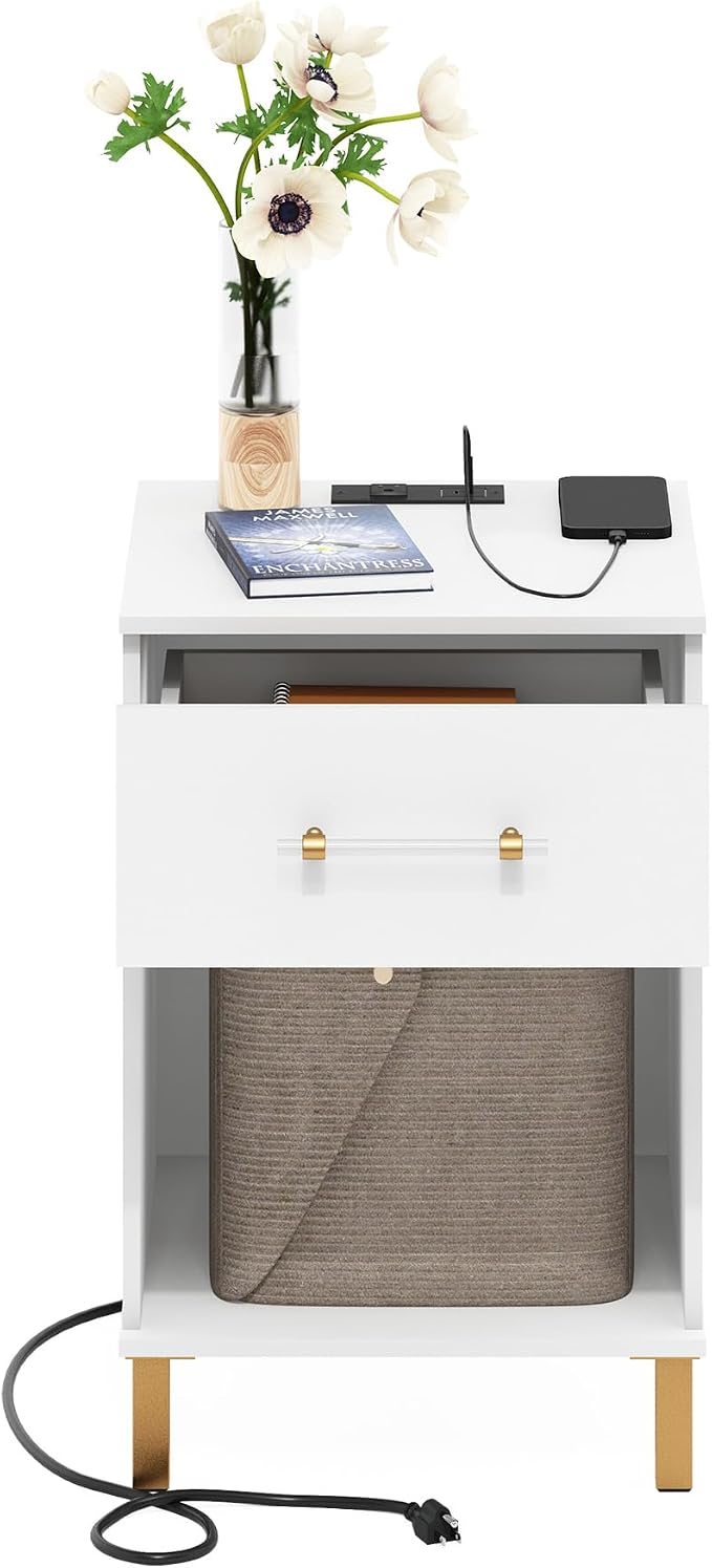 Furinno TIDUR Side Table, Modern Drawer End Table with Charging Station, Night Stand, Bedside Table with USB and Type-C Port, for Living Room, Bedroom, White