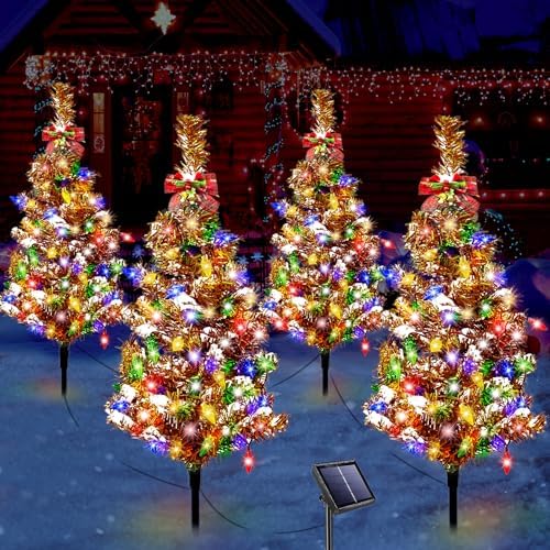 4 Pack Solar Christmas Trees Outdoor 80 LED Multicolor Lights Red Bow by Unknown