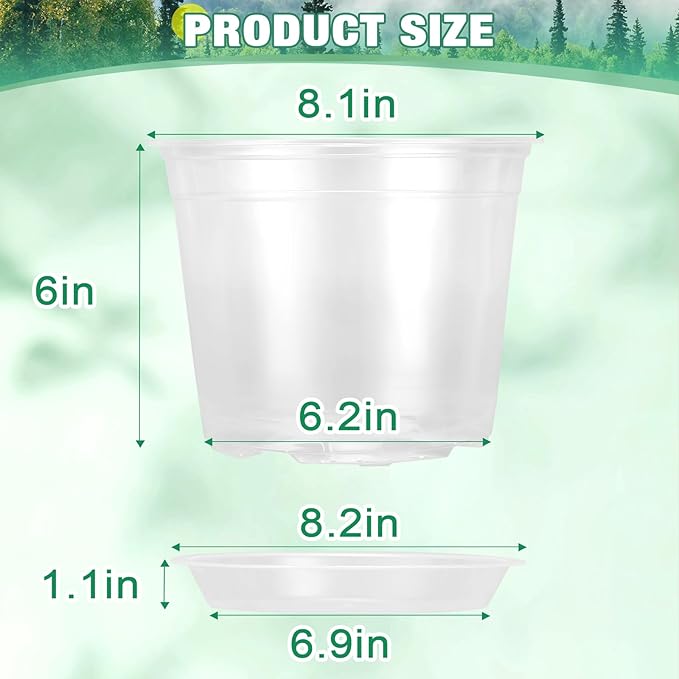 RAOOKIF 8 Inch Nursery Pots with Saucers, 6 Pack Clear Nursery Pots with Drainage Hole for Indoor Outdoor, Large Size Plastic Clear Pots for Plants for Flowers, Succulents, Vegetables