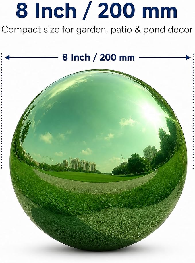 Gazing Ball Garden Mirror Outdoor - 8 Inch Outside Decorative Globe, Green | Metal Polished Reflective Sphere, Stainless Steel Hollow Decoration Ornament for Home Pond Swimming Pool Housewarming Gift
