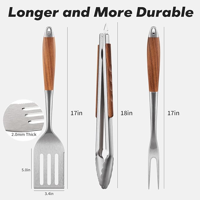 ENLOY Heavy-Duty Barbecue Grilling Tools Set, Outdoor Grill Accessories with Spatula, Fork & Tongs, Extended Rosewood Handle & Food-Grade Stainless Steel for Barbecue & Grill, 3Pcs BBQ Tools for Men
