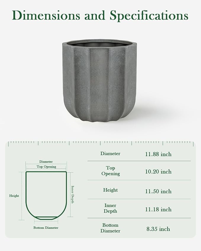 Large Ceramic Planter, 12 Inch Plant Pot with Drainage Hole & Removable Drain Plug, Decorative Flower Pot for Indoor Outdoor Plants, Modern Round Planter, Grey