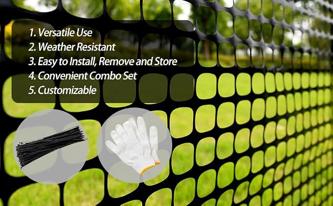 PotatoLife Plastic Mesh Fence Safety Fence, 4'x100' Roll with 100 Zip Ties, Resuable Temporary Netting for Garden Fencing, Construction, Snow Fencing, Animal Barrier, Poultry, Deer, Patio, Black