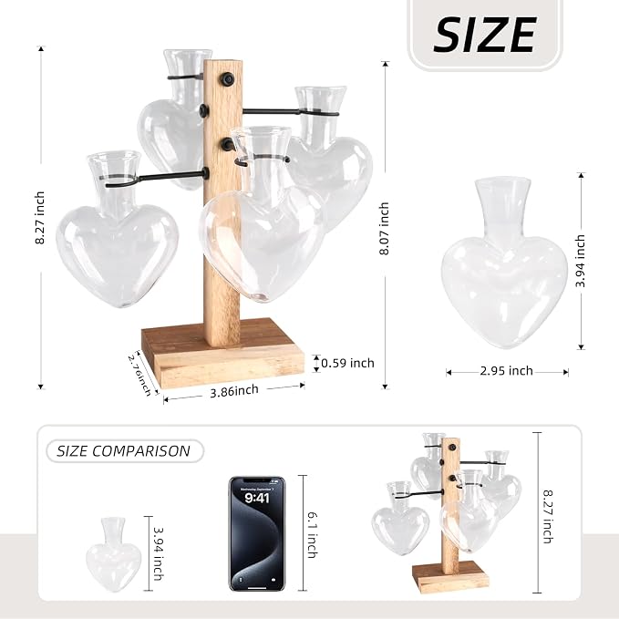 Plant Propagation Station Whith Acacia Wood Stand, 4 Heart Glass Vases | Propagation Vases for Plants，Plant Stand Indoor，Birthday Gifts for Women,Gifts for Plant Lovers，Home Decor