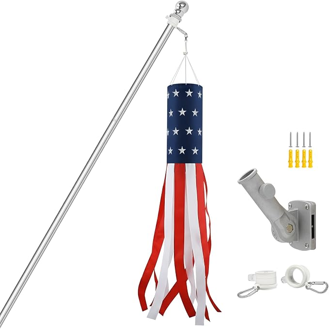 Windsocks Kit for Outside House, 4th of July Decorations US Flag 40 Inch Wind Socks with 6FT Stainless Steel Flagpole with Flag Holder and Rings (Silver)