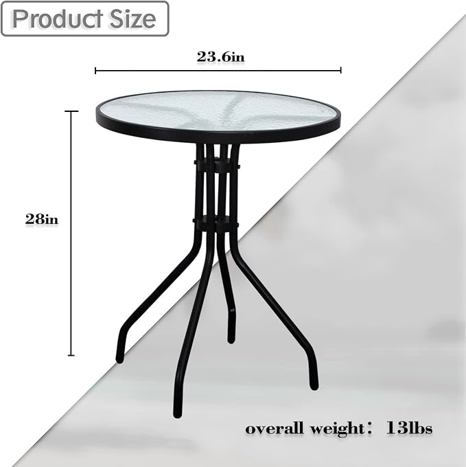 DIMAR GARDEN 24" Outdoor Side Table Patio Metal Round Bistro Coffee Table with Glass Top,Black