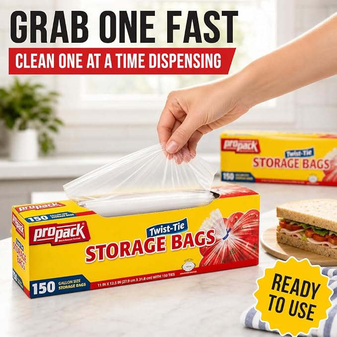 1 Gallon Storage Bags with Twist Ties, 600 Count - Clear Plastic Food Storage Bags for Sandwiches, Snacks, Fruit, Produce & Freezer