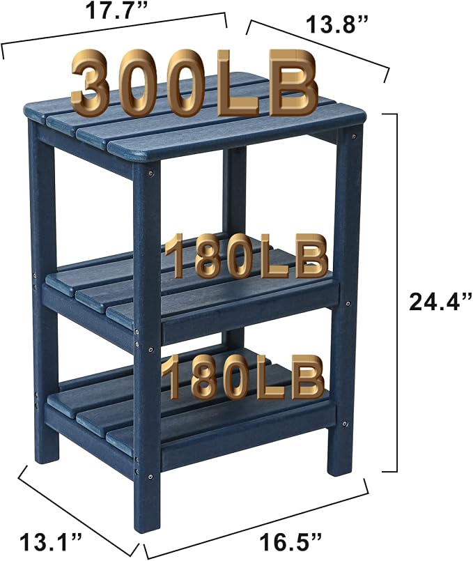 3 Tier Outdoor Side Table Adirondack Side Table HDPE End Table Patio Side Table Rectangle Tables for Outdoor Backyard Garden Balcony (Blue - No Wood Grain)